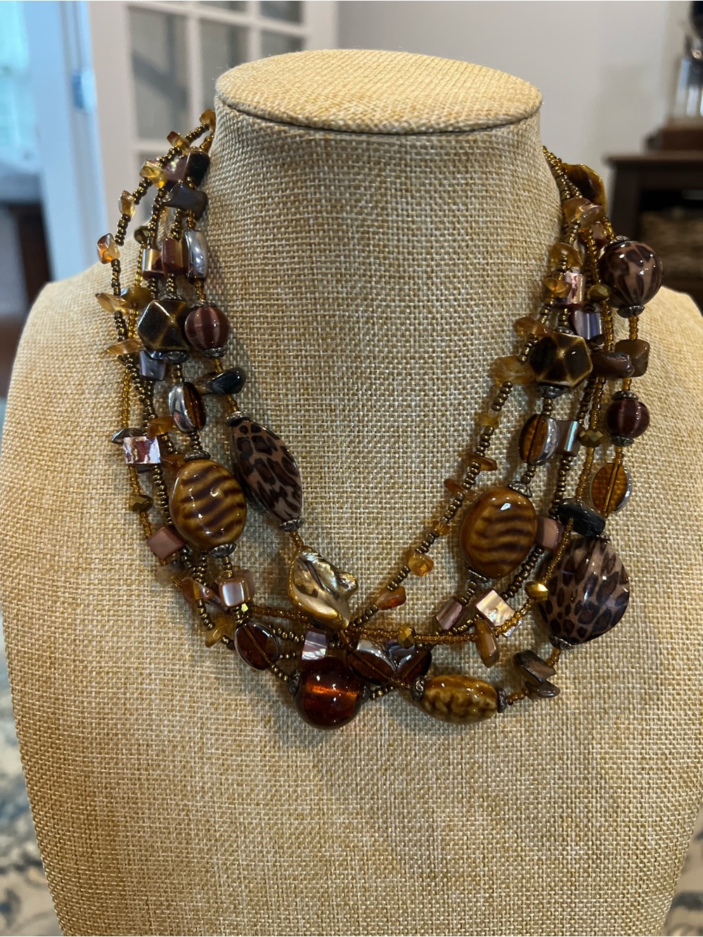 Mix of Brown glass and acrylic  Necklaces with a Monet gold tone necklace - Picture 3 of 10